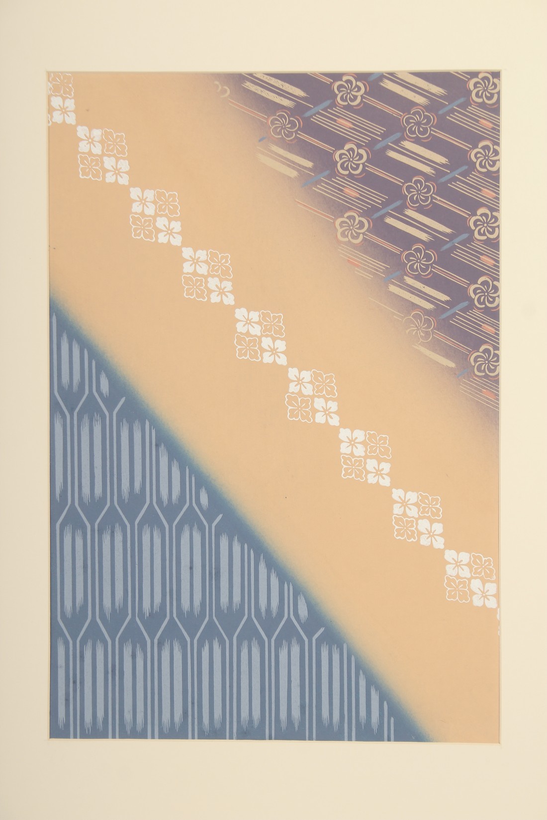 THREE ORIGINAL 20TH CENTURY JAPANESE WOODBLOCK PRINTS; MODERN KIMONO DESIGN, mounted, (3). - Image 5 of 5