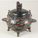 A VERY LARGE CHINESE CLOISONNE CENSER AND COVER, the censer decorated with flora and leaf pattern on