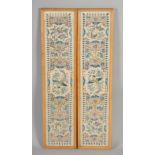 TWO 19TH CENTURY CHINESE SILK PANELS, with panels of exotic birds and butterflies, framed and