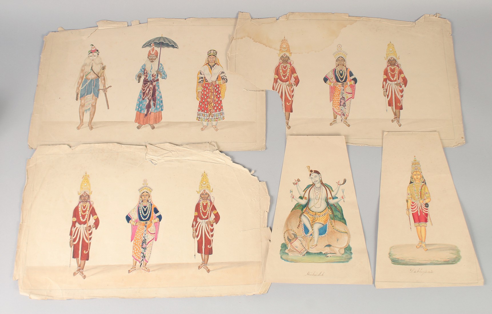 A VERY FINE SET OF FIVE EARLY 19TH CENTURY INDIAN WATERCOLOUR PAINTINGS OF HINDU DEITIES, largest