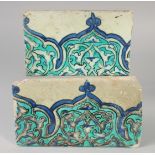 TWO 16TH-17TH CENTURY OTTOMAN DAMASCUS GLAZED POTTERY BORDER TILES, 21cm x 13cm and 23cm x 13.