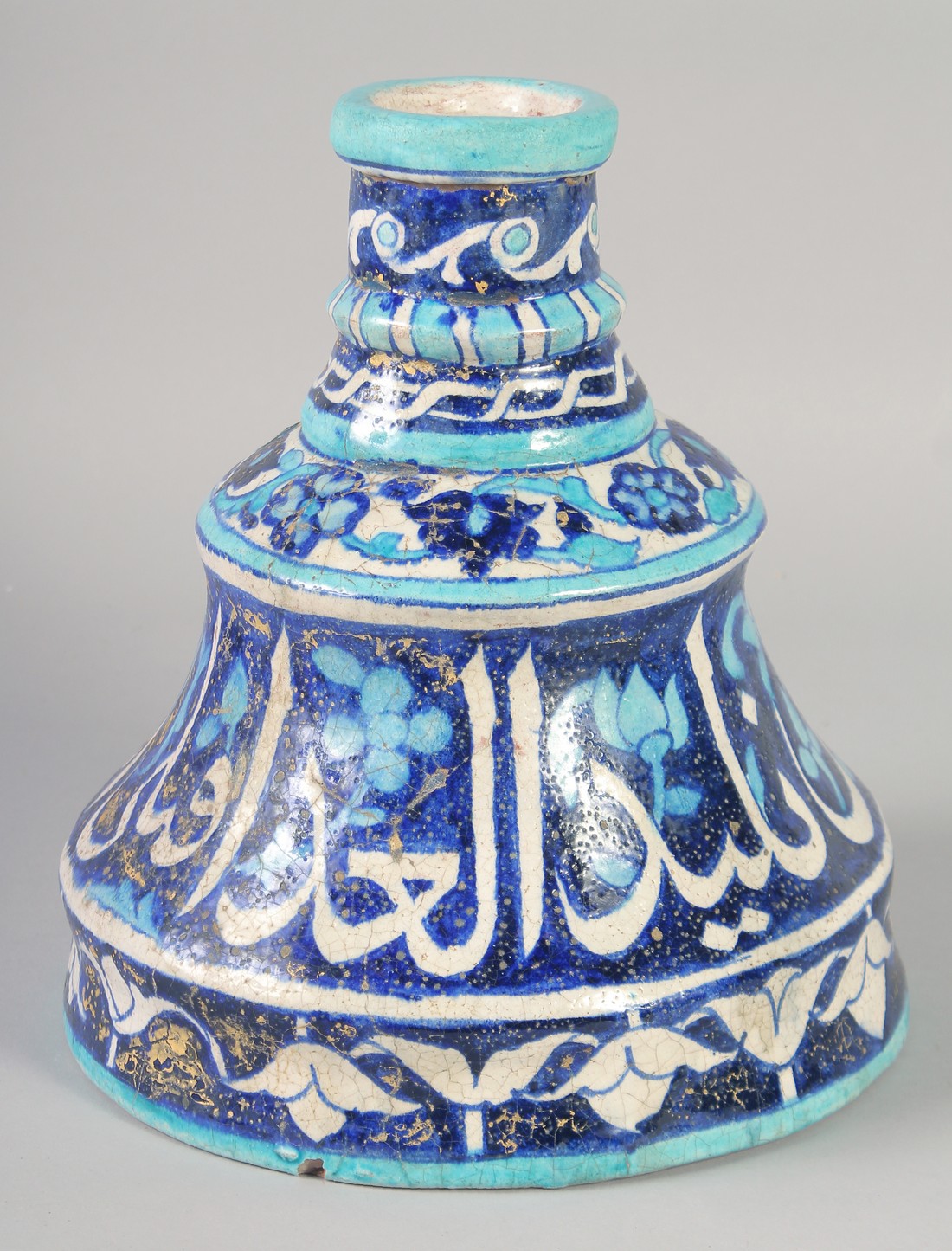 A VERY UNUSUAL LARGE 19TH CENTURY INDIAN MULTAN IZNIK STYLE GLAZED POTTERY CANDLESTICK, with a