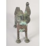 A 12TH-13TH CENTURY PERSIAN SELJUK KHURASAN BRONZE FELINE INCENSE BURNER, 17cm long.