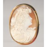 A LARGE GOLD MOUNTED CAMEO BROOCH. 6.5cm high.