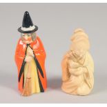 AN EARLY 20TH CENTURY RARE BLUSH IVORY FIGURE OF THE GEISHA and another of the Witch both pre-1930.