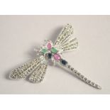 A SILVER, RUBY & EMERALD DRAGONFLY BROOCH.