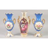 A 19TH CENTURY ROCKINGHAM PAIR OF VASES with bird head handles painted with flowers in panels on a