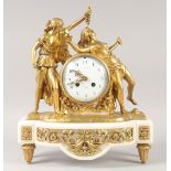 A VERY GOOD LOUIS XVI GILT BRONZE AND MARBLE CLOCK with 11mm white enamel dial with black numbers,