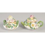 A 19TH CENTURY ENGLISH PORCELAIN MINIATURE FLORAL ENCRUSTED TEAPOT AND COVER AND A MATCHING