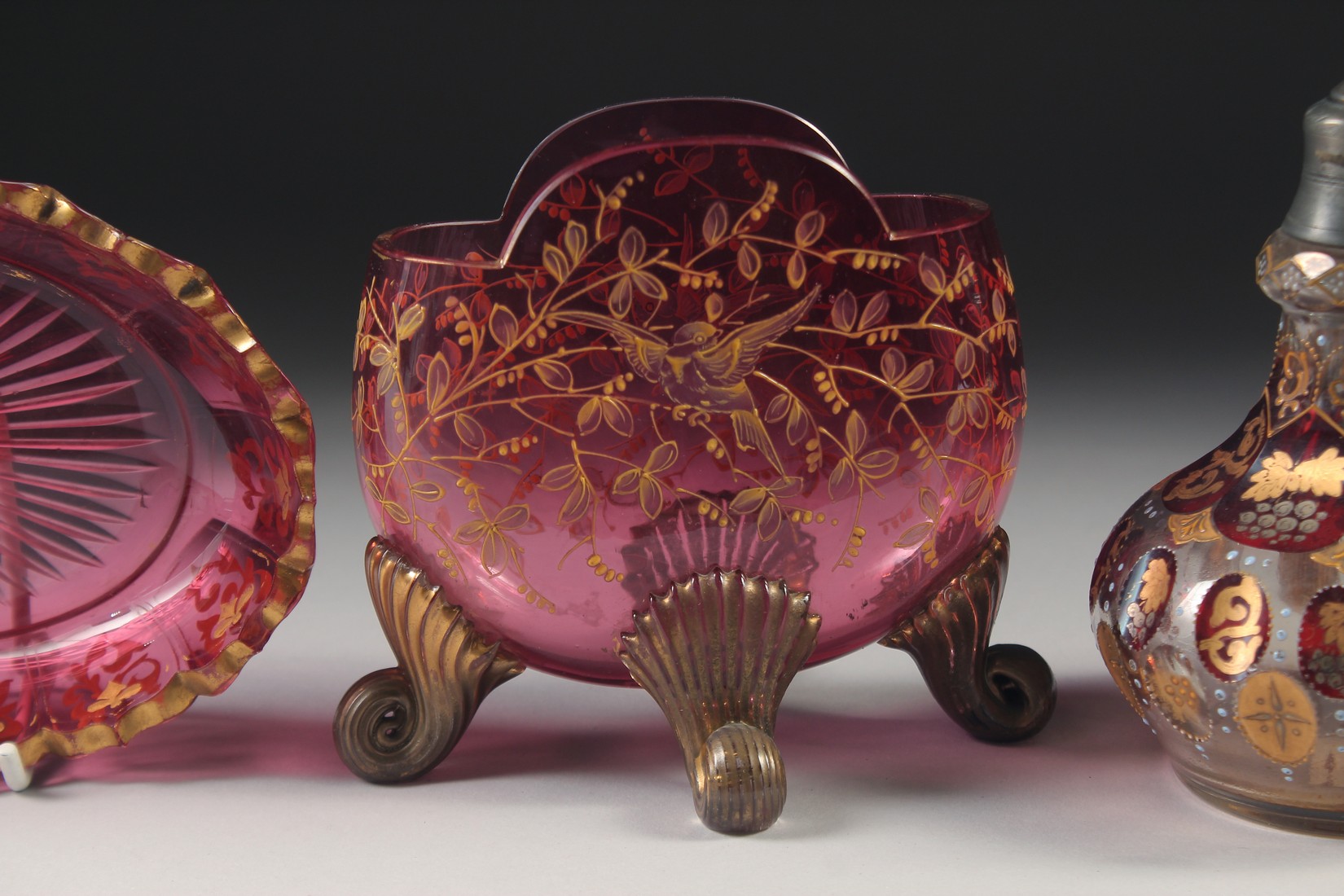 FOUR SMALL PIECES OF BOHEMIAN GLASS; SCENT BOTTLE, SMALL VASE, OVAL DISH & CIRCULAR DISH. (4). - Image 3 of 6