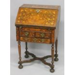 A GOOD SMALL 18TH CENTURY ENGLISH MARQUETRY BUREAU on a stand with fall front and fitted interior