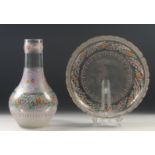 A BOHEMIAN GLASS HUQQA BASE AND CIRCULAR DISH enamelled with flowers. 10ins high the base 9.75ins