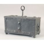A RARE SMALL 16TH - 17TH IRON CHEST, the top opens to reveal a mechanism in the lid with iron