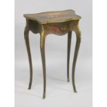 A 19TH CENTURY LOUIS XVI STYLE BEDSIDE TABLE with painted top on curving legs. 1ft 8ins wide.