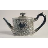 A GEORGE III OVAL TEA POT AND COVER repousse with flowers and scrolls. London 1784, Intaglio mark.