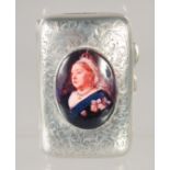 A VICTORIAN ENGRAVED SILVER CIGARETTE CASE with an oval enamel of Queen Victoria. London 1892.