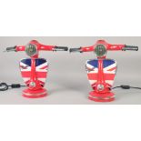 A PAIR OF RED UNION JACK VESPA LAMPS. 13ins high.