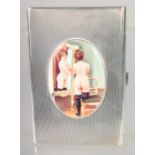 A GOOD LARGE HEAVY ENGINE TURNED CIGARETTE CASE with and oval enamel of a nude. 4.75ins x 3.25ins.