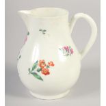 AN 18TH CENTURY WORCESTER JUG painted with a large floral bouquet and scattered flowers.