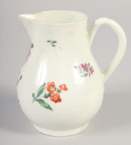 AN 18TH CENTURY WORCESTER JUG painted with a large floral bouquet and scattered flowers.