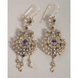 A GOOD PAIR OF 9CT GOLD AMETHYST, PERIDOT AND PEARL DROP EARRINGS.