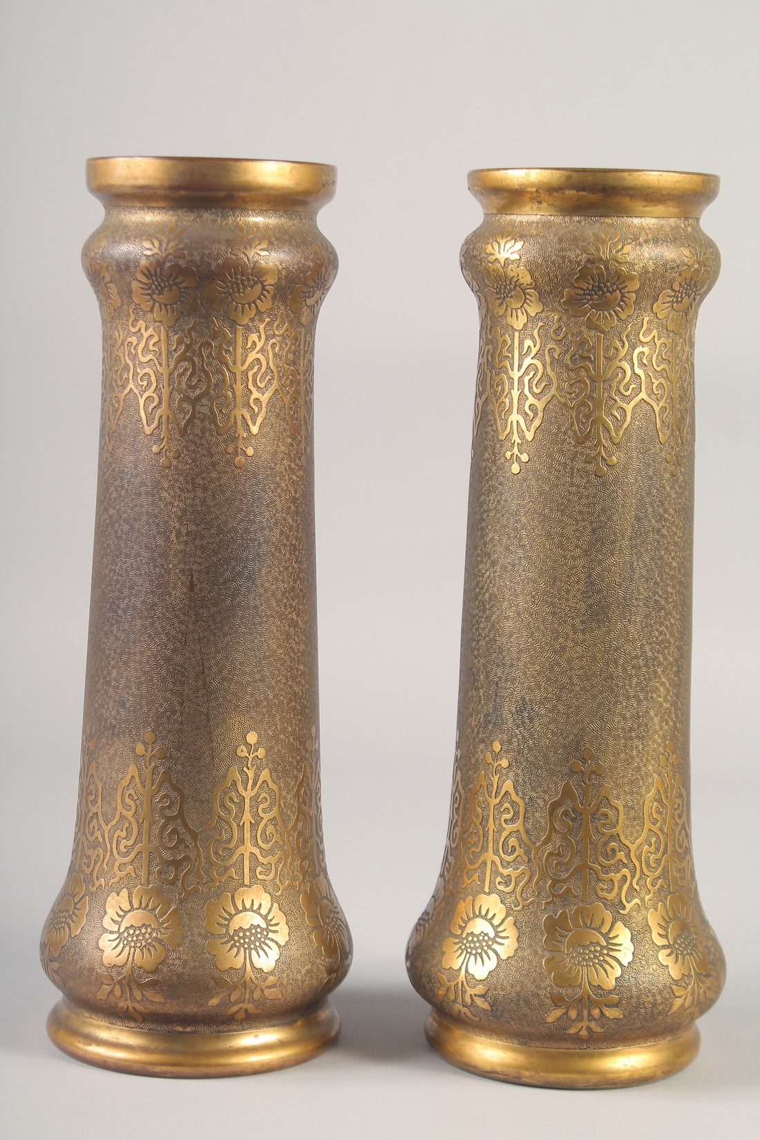 A SUPERB PAIR OF VAL ST. LAMBERT - GALVANO PLASTIE METAL AND ENAMEL VASES. 13ins. - Image 2 of 5