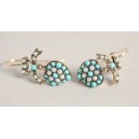 A PAIR OF 9CT GOLD TURQUOISE AND PEARL HEART SHAPED EARRINGS.