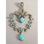 A 9CT GOLD TURQUOISE AND PEARL PENDANT.