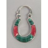 A SILVER MALACHITE AND CORAL PADLOCK.