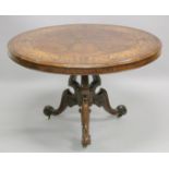 A GOOD VICTORIAN FIGURED WALNUT AND MARQUETRY CIRCULAR LOO DINING TABLE with quartered marquetry top