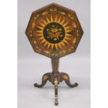 A GOOD 19TH CENTURY IRISH TILT TOP ROSEWOOD AND MARQUETRY OCTAGONAL TOP TRIPOD TABLE with star and