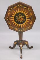 A GOOD 19TH CENTURY IRISH TILT TOP ROSEWOOD AND MARQUETRY OCTAGONAL TOP TRIPOD TABLE with star and