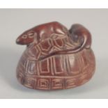 A CARVED WOOD TURTLE AND RATS NETSUKE. 1.5ins.
