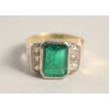 AN 18CT GOLD EMERALD AND DIAMOND RING, central Columbian emerald, 4ct, with three diamonds on each