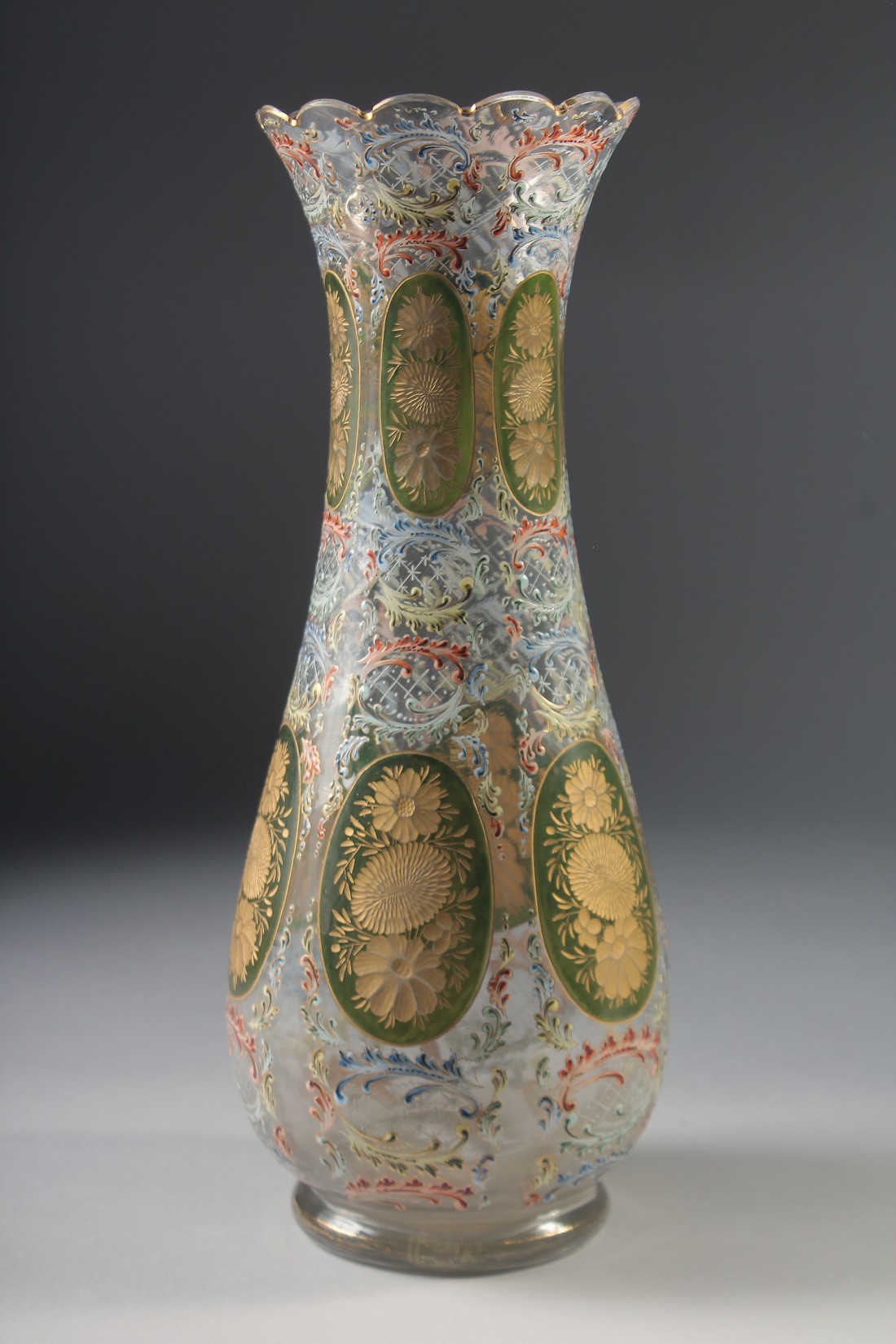 THREE VARIOUS BOHEMIAN GLASS VASES one with a cover. 13ins, 10ins & 9.5ins high. - Image 6 of 6