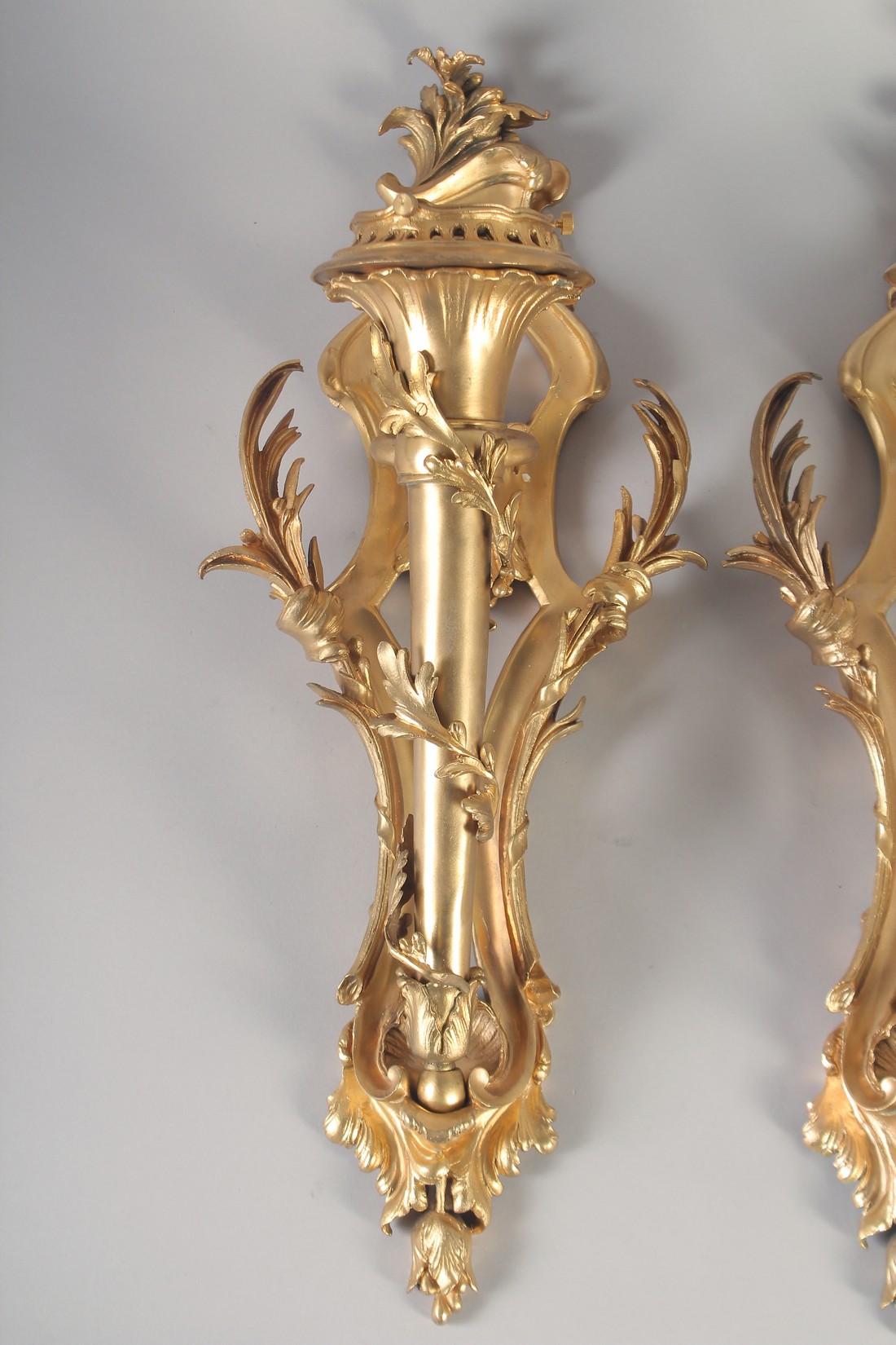 A VERY GOOD PAIR OF GILT BRONZE WALL CORNETS with acanthus scrolls and torch. 24ins long. - Image 2 of 3