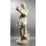 A FINE QUALITY ITALIAN MARBLE SCULPTURE OF A YOUNG CHILD playing cymbals. 44.5ins high, (113cm).