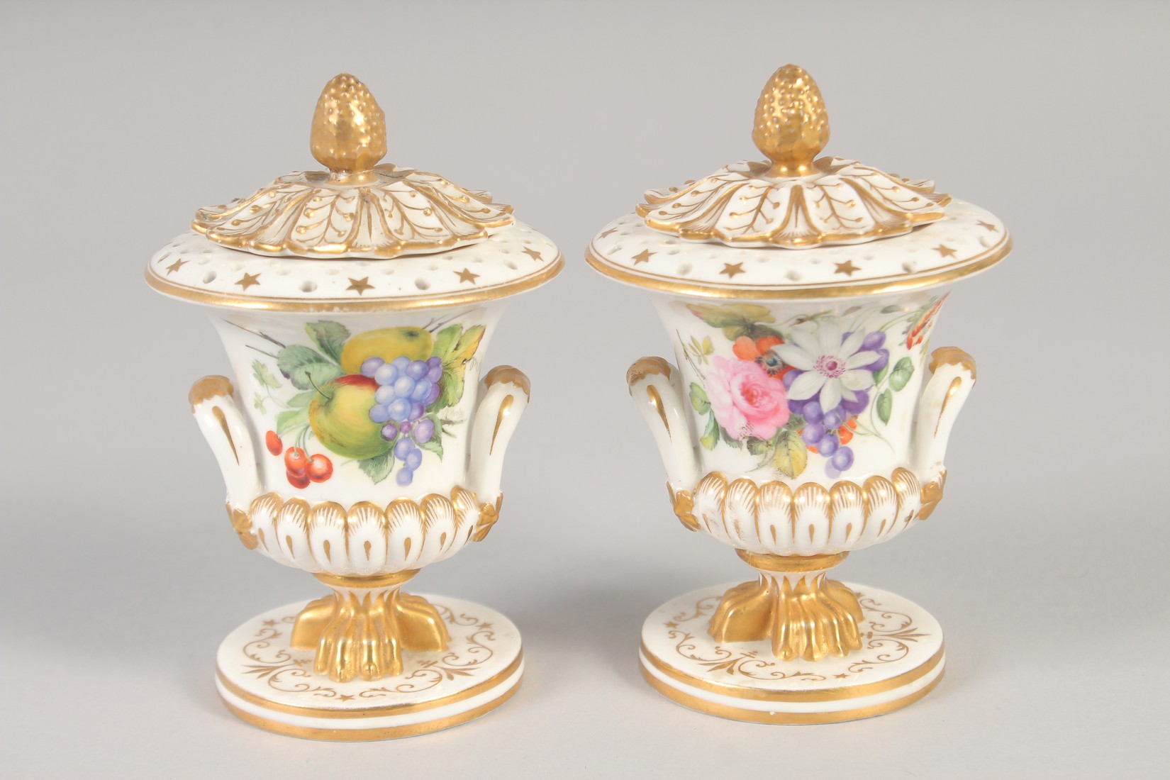 19TH CENTURY DERBY PAIR OF POTPOURRI VASES AND COVERS each side painted with either flowers or - Image 2 of 5