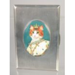A GOOD LARGE HEAVY ENGINE TURNED CIGARETTE CASE with and oval enamel of a cat wearing a crown.