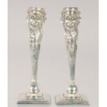 A PAIR OF SILVER PLATE JUDAICA CANDLESTICKS. "HAUSSE" 6ins high.