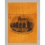 A MAUCHLIAN WARE CARD CASE "SIR WALTER SCOTT'S TOMB, DRYBURCH ABBEY". 4ins high.