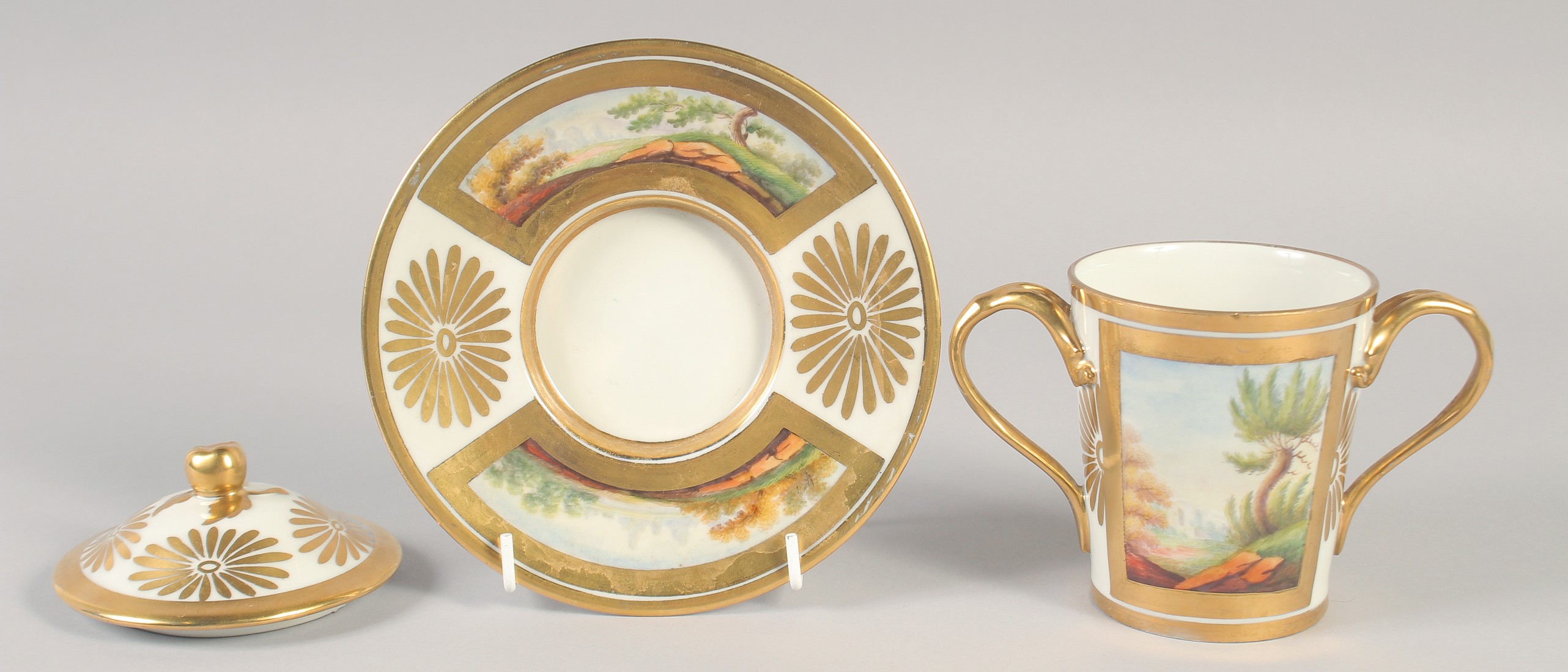 A 19TH CENTURY PARIS PORCELAIN COVERED CHOCOLATE CUP AND STAND, the saucer and cup each with two - Image 3 of 8