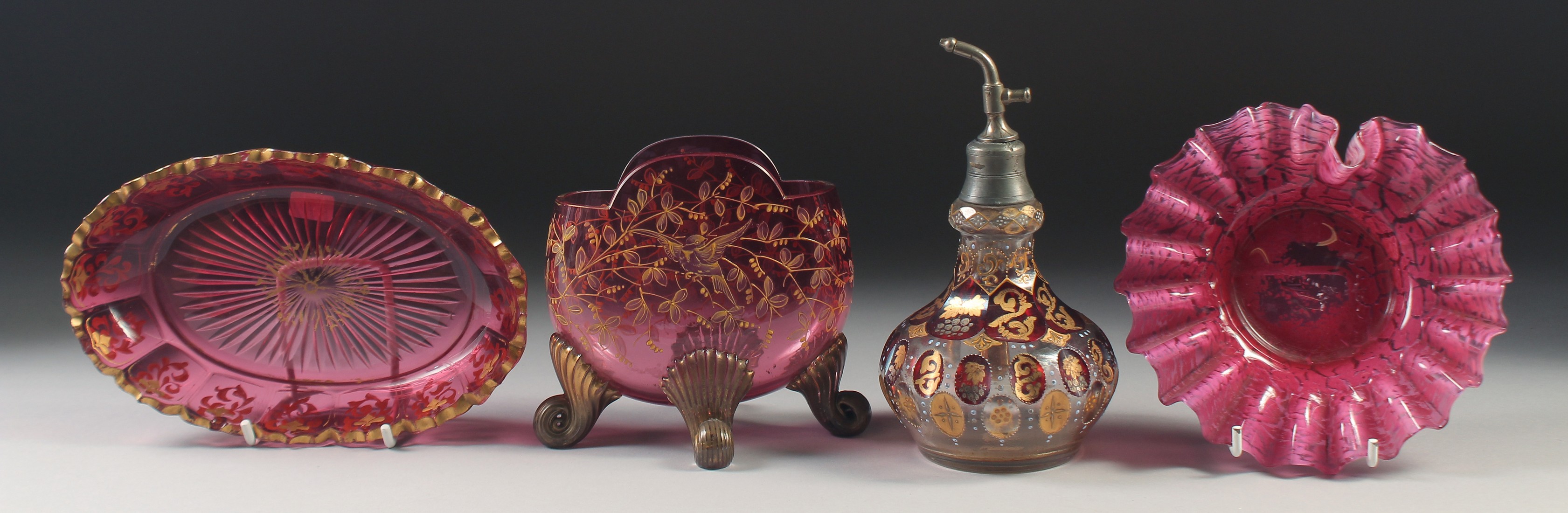 FOUR SMALL PIECES OF BOHEMIAN GLASS; SCENT BOTTLE, SMALL VASE, OVAL DISH & CIRCULAR DISH. (4).