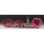 FOUR SMALL PIECES OF BOHEMIAN GLASS; SCENT BOTTLE, SMALL VASE, OVAL DISH & CIRCULAR DISH. (4).