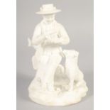 A 19TH CENTURY ROCKINGHAM FIGURE OF A BOY sitting on a tree stump, his dog sitting beside, on a