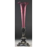 A 19TH CENTURY TALL TAPERING GLASS CENTREPIECE with cast metal base. 24ins high.