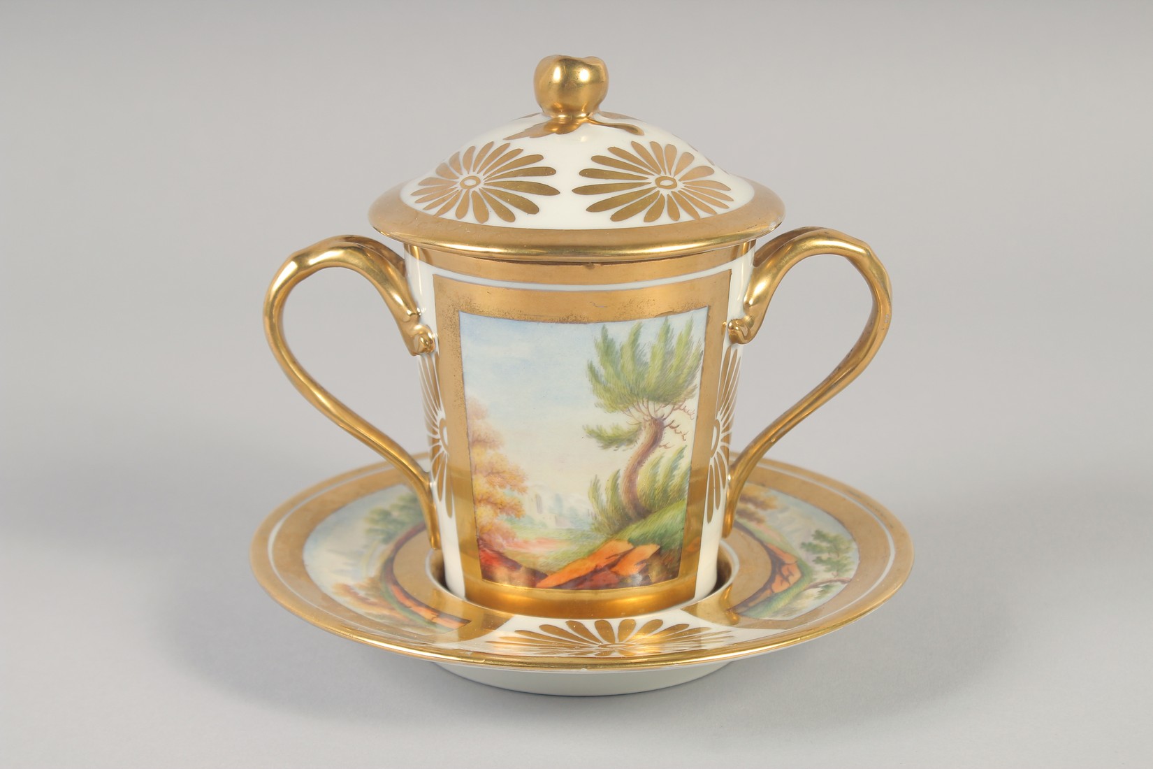 A 19TH CENTURY PARIS PORCELAIN COVERED CHOCOLATE CUP AND STAND, the saucer and cup each with two - Image 2 of 8
