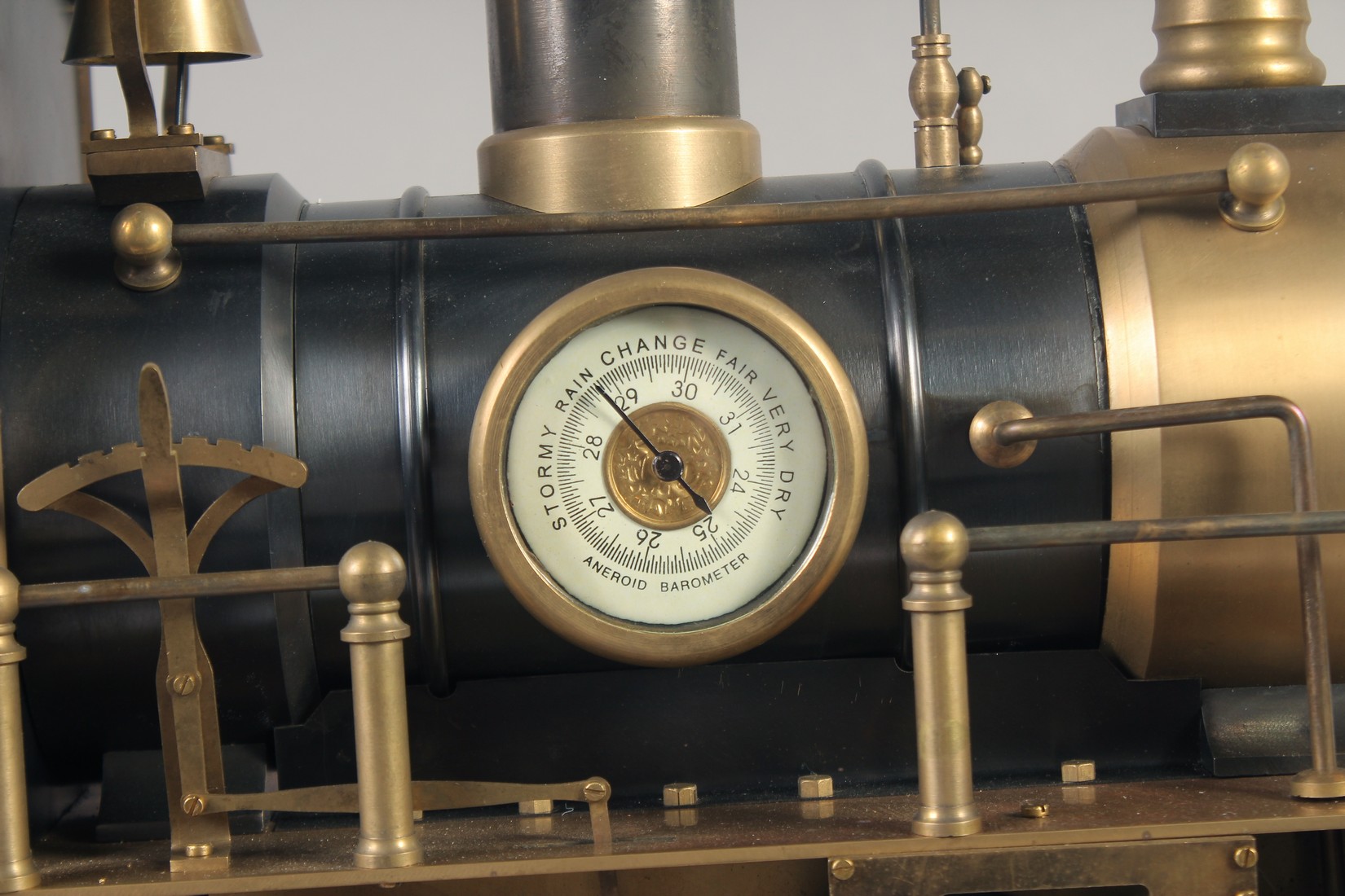 A GOOD BRONZE TRAIN CLOCK on a stand with three dials. 16ins long. - Image 3 of 6