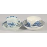 AN 18TH CENTURY WORCESTER FEATHER MOULDED COFFEE CUP AND SAUCER painted in under glaze blue,