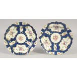 18TH CENTURY WORCESTER PAIR OF BLUE SCALE PLATES painted with flowers, script W mark in blue.
